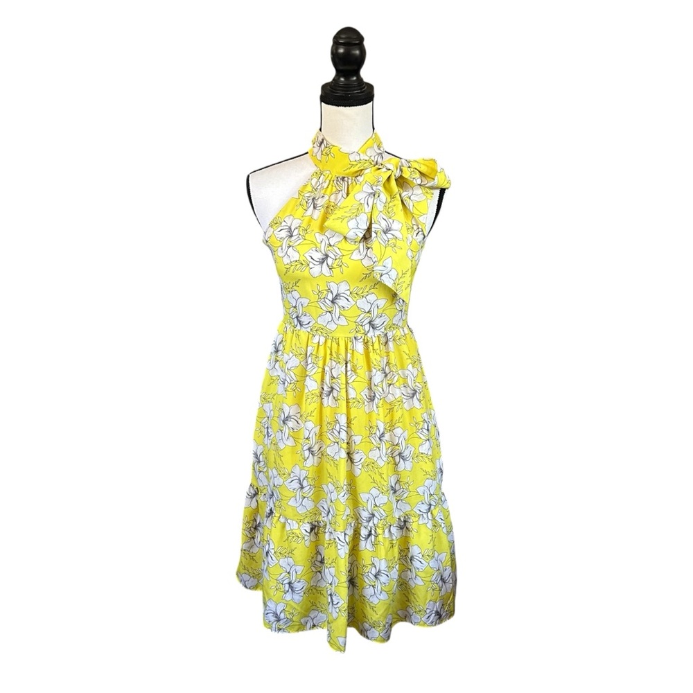 Eliza J Floral Halter Neck Bow Dress Tiered Pockets Yellow White Coquette Size 0